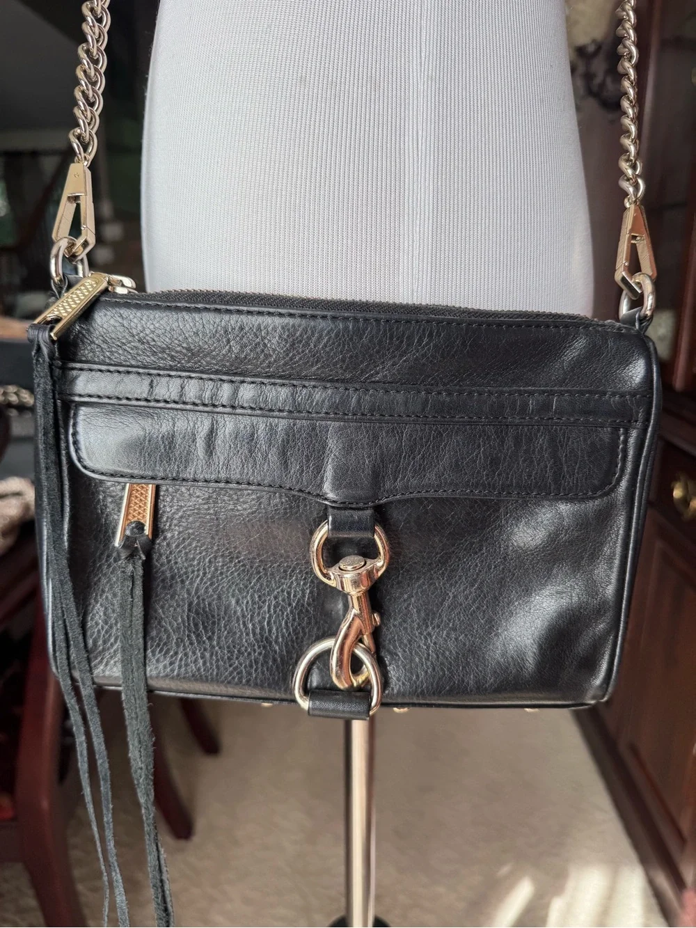 Rebecca Minkoff Mini M.A.C. crossbody bag featuring black Gold tone hardware
